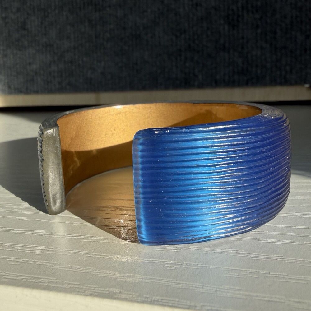 Vintage Metallic Blue Lucite Ribbed Cuff Bracelet Gold Inside Statement Chunky